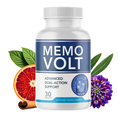 MemoVolt Advanced Dual-Action Support bottle surrounded by natural ingredients including blood orange, cinnamon, and kudzu flower
