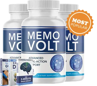 Three bottles of MemoVolt with Most Popular badge and bonus ebooks
