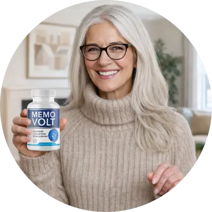 Woman in her sixties holding a bottle of MemoVolt in a bright living room